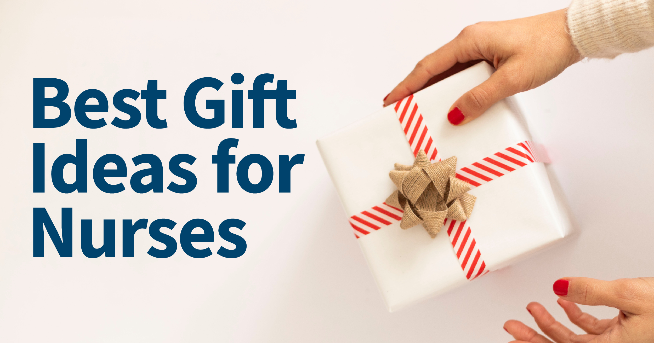woman's hand holding a gift-wrapped present against white background with blue text overlay 