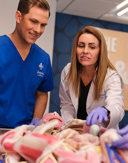 Joyce University faculty in white lab coat teaching nursing student in blue scrubs on synthetic cadaver