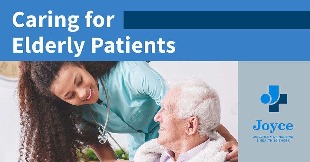 nurse caring for elderly patient with graphic text overlay caring for elderly patients