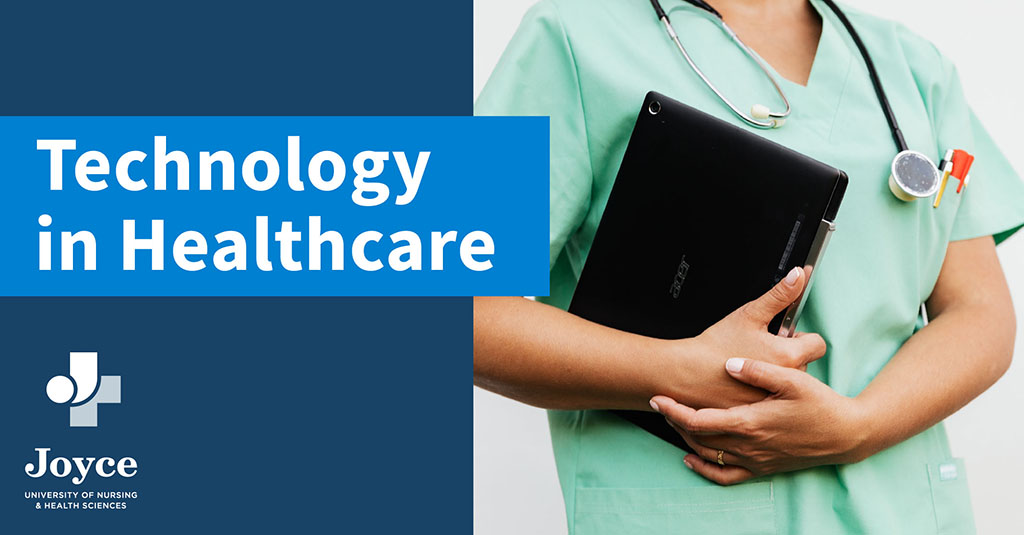 nurse holding a tablet with graphic text overlay technology in healthcare