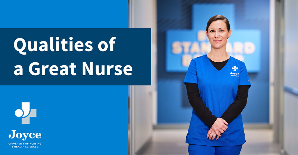Joyce university student in blue scrubs standing in standard bearer hallway on campus