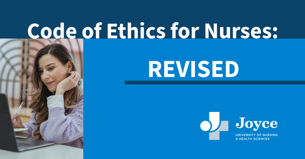 Nurse looking at laptop with graphic text overlay code of ethics for nurses: revised