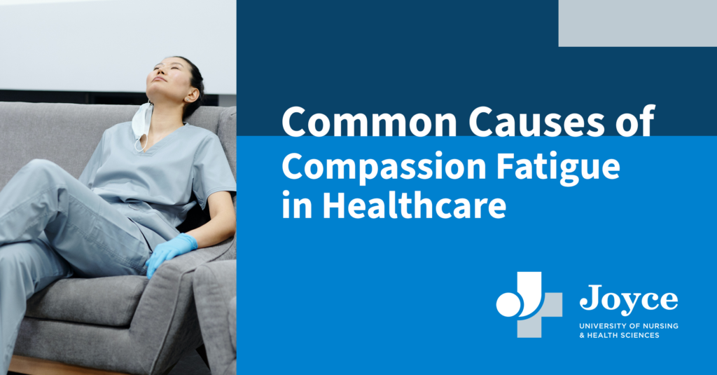 nurse lying back on sofa with graphic text overlay common causes of compassion fatigue in healthcare