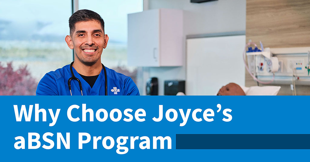 joyce university nursing student in blues scrubs with text overlay why choose joyces absn program