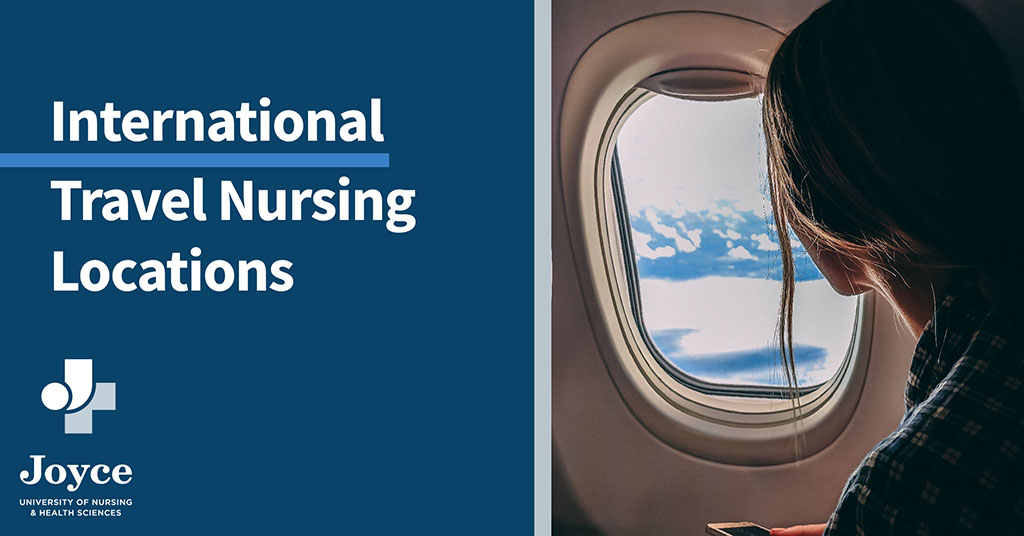 nurse looking out plane window with text overlay 'international travel nursing locations'