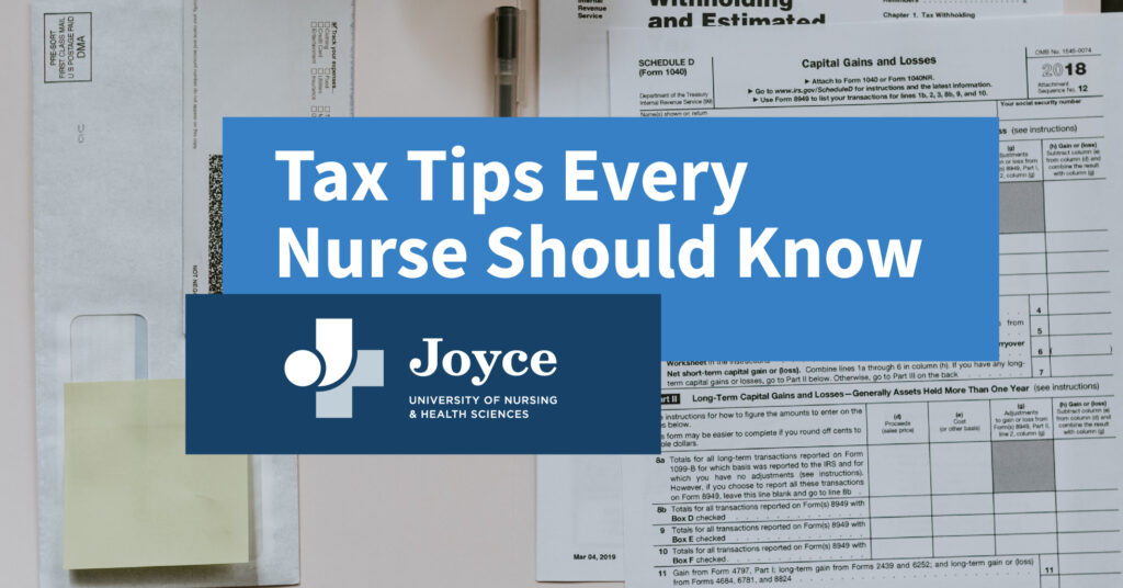 stack of tax documents on a desk with graphic text overlay tax tips every nurse should know