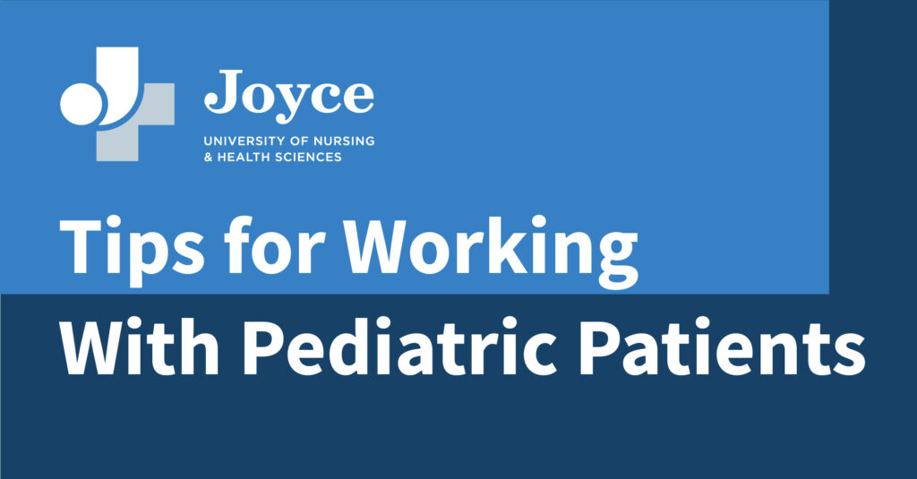 blue and white graphic design wit text overlay tips for working with pediatric patients