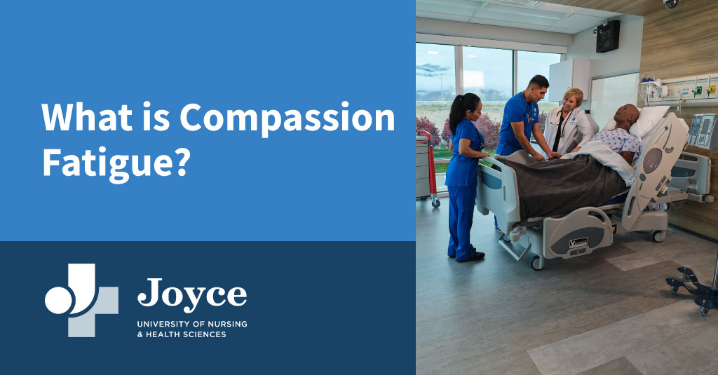 Students and Teach in Simulation Lab with Mannequin Patient and text overlay What is Compassion Fatigue?