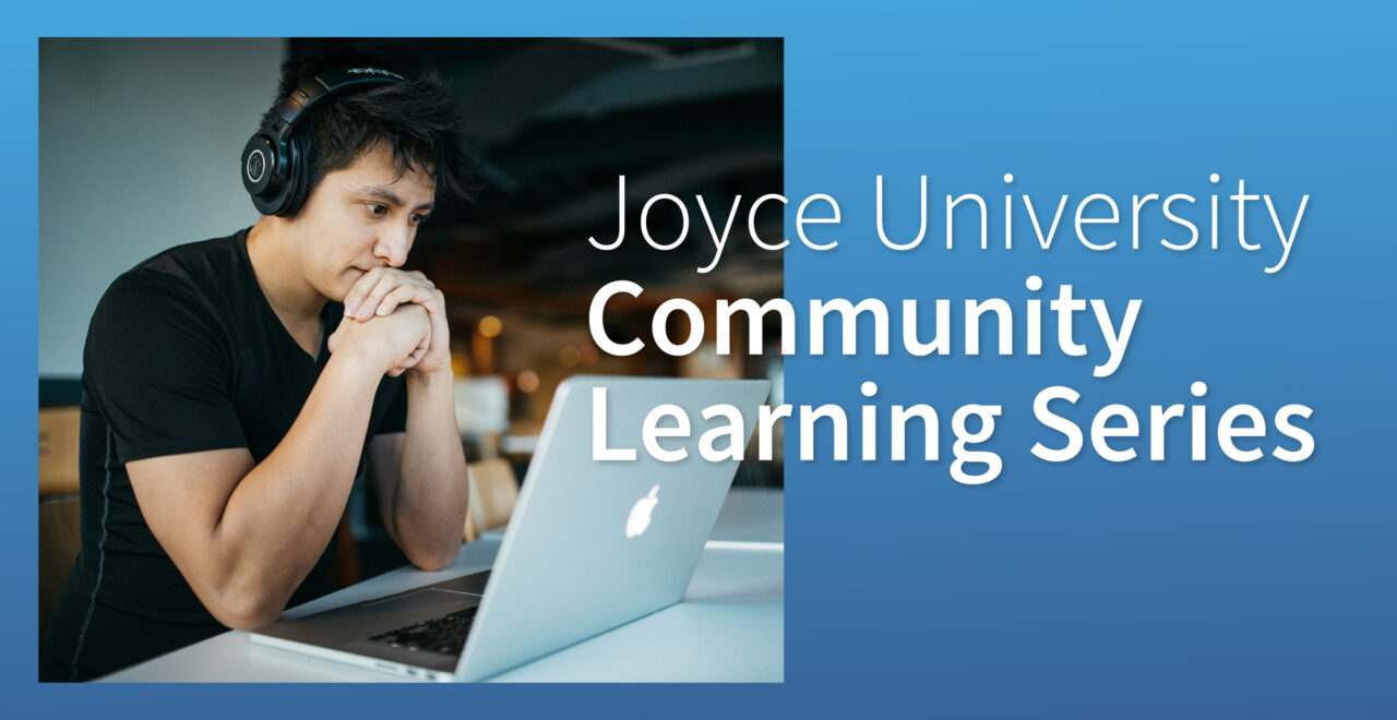 joyce student wearing headphones and sitting at home office desk in front of laptop