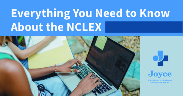 Student with laptop on their lap typing next to a graphic overlay with the text - Everything You Need to Know About the NCLEX