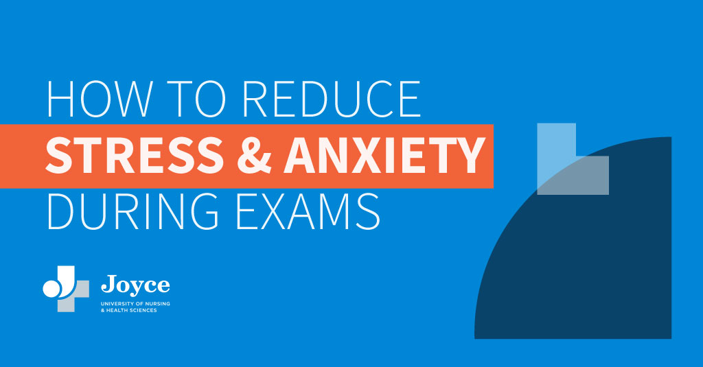 Graphic design with light blue background and navy blue and which shapes. White text overlay says How to Reduce Stress & Anxiety During Exams