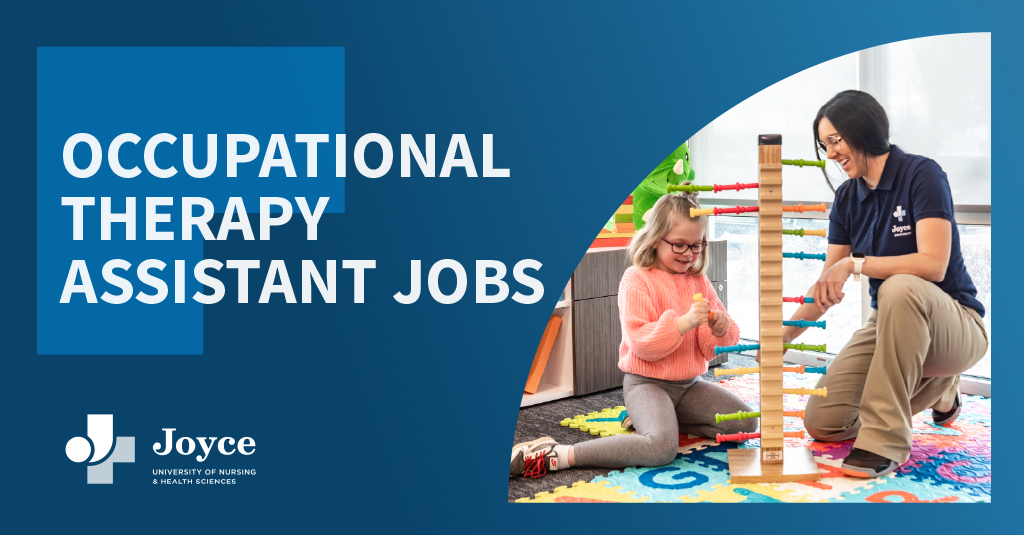 Occupational therapist wearing a navy polo and khakis kneels on a colorful floor mat with a blond child. They smile and play with a wooden toy. Text overlay says occupational therapy assistant jobs.