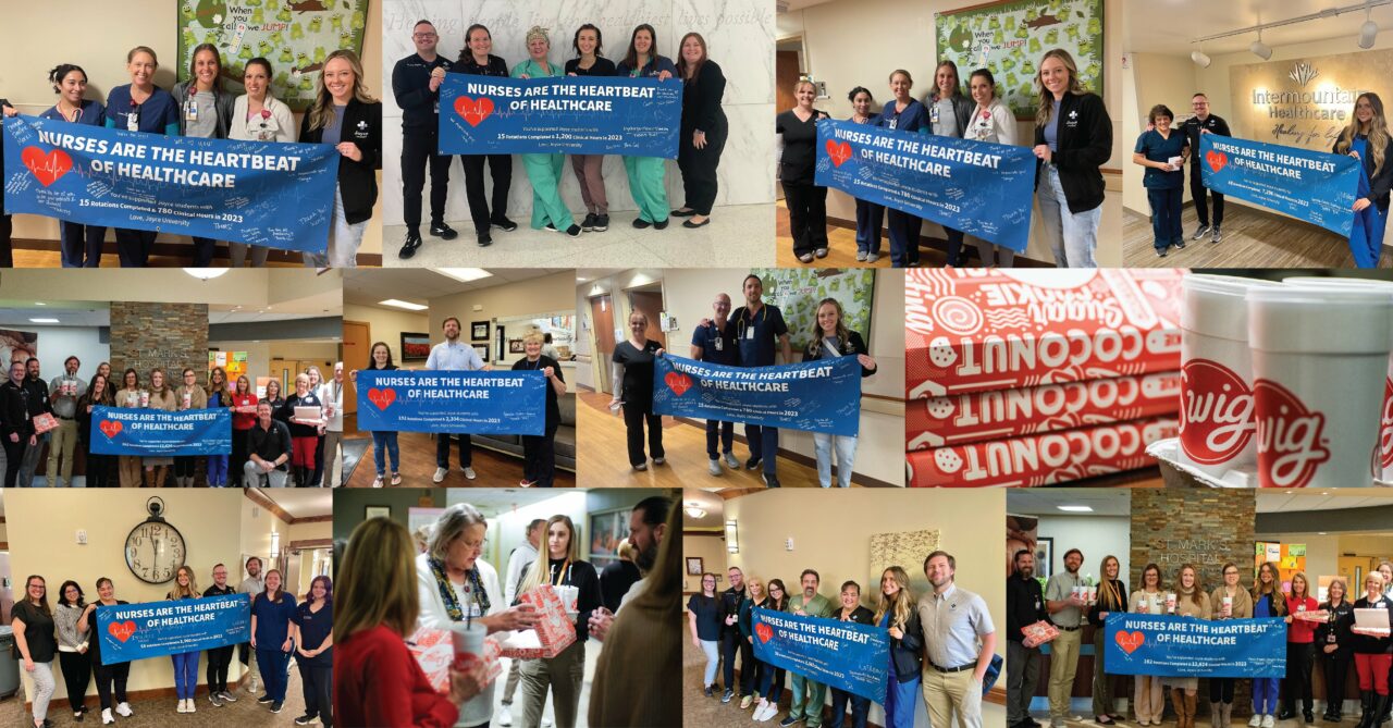 Collage of nurses and Joyce University staff holding banners that say - nurses are the heartbeat of healthcare