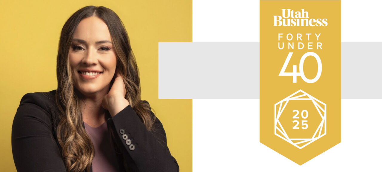 Headshot of Mykel Winter the associate director of nursing at Joyce University next to a logo for Utah Business 40 Under 40 award