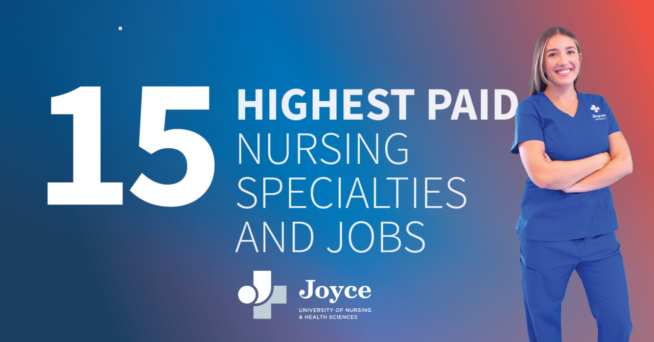 nursing student standing next to graphic text 15 highest paid nursing specialties and jobs