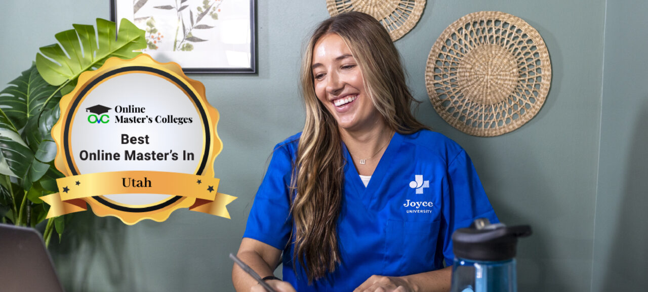 Joyce University Recognized Among Best Online Master’s Programs in Utah for 2025. Student working on computer in home office smiling.