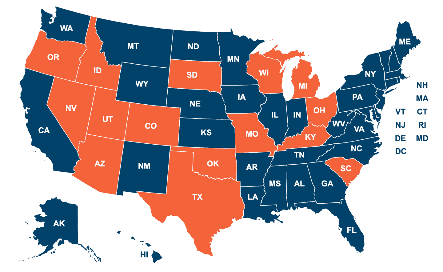 United States map of Joyce University Remote learning and campus locations