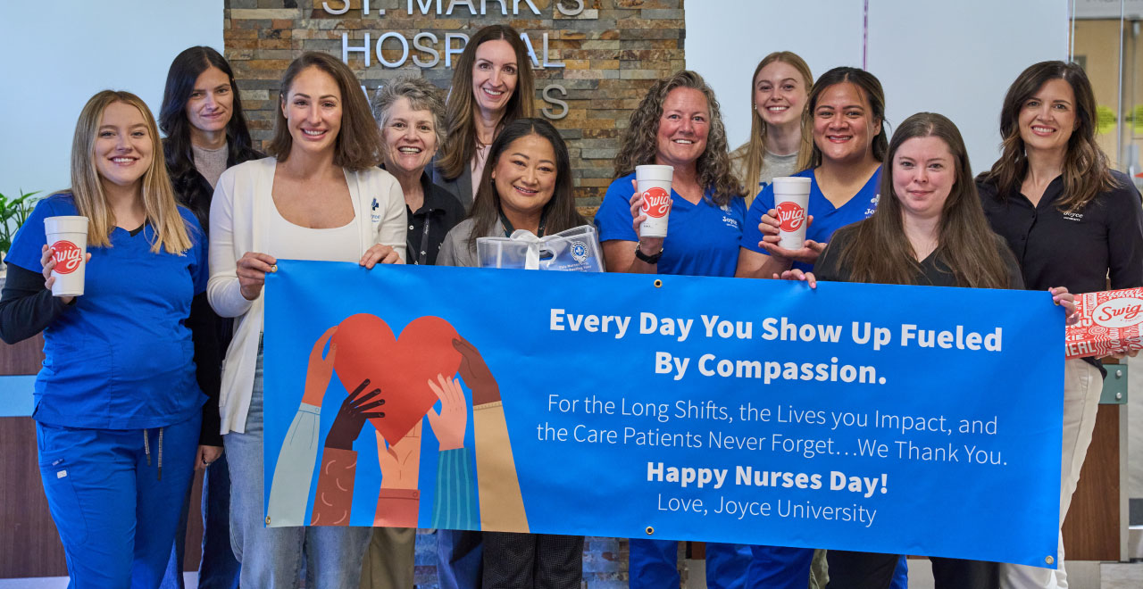 Joyce Staff, Faculty, and Students with Nurses Day poster and gifts at partner hospital